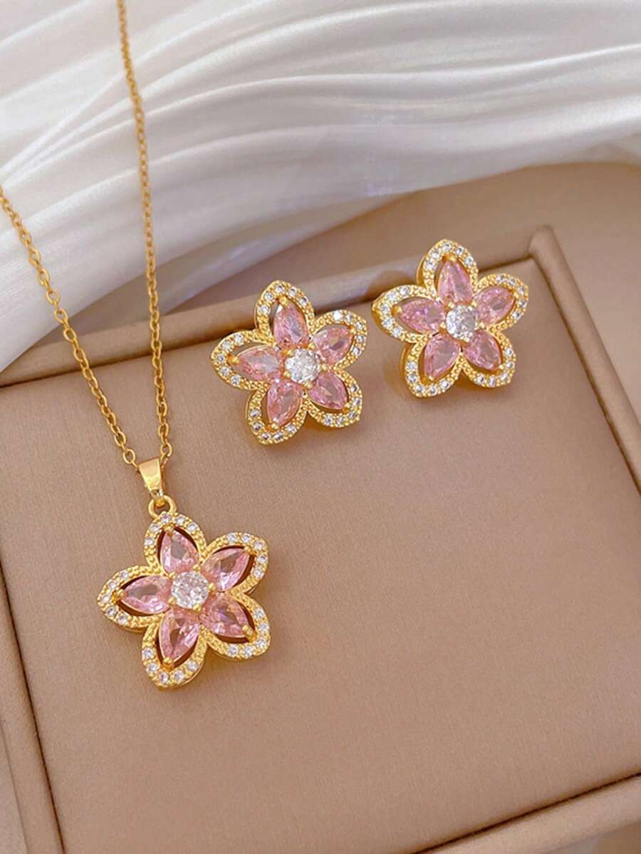3pcs Copper Inlaid Cubic Zirconia Pendant Necklace + Earrings Clover Decor Jewelry Set, Suitable For Women's Daily Wear - Jewelry Set - View 1
