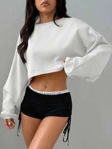 Women's Loose-Fitting Solid Color Crop Top, Black, Spring - White - View 3
