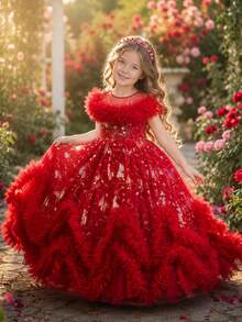 Rochie de petrecere cu volane cu sclipici, rochie de bal elegantă pentru fete tinere, rochie de prințesă pentru ocazie - roșu - Vizualizare 3