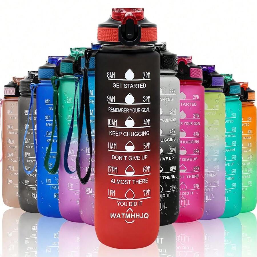 1 bình nước thể thao bằng nhựa dung tích lớn 1000ml có ống hút và vạch chia thời gian - Đen và trắng - Xem 1