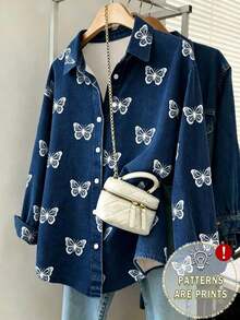 Camisa de mujer con efecto de mezclilla y estampado de mariposa retro - Multicolor - Ver 1