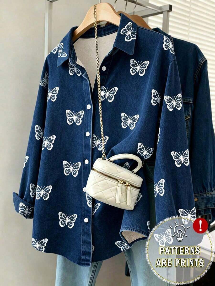 Camisa de mujer con efecto de mezclilla y estampado de mariposa retro - Multicolor - Ver 1