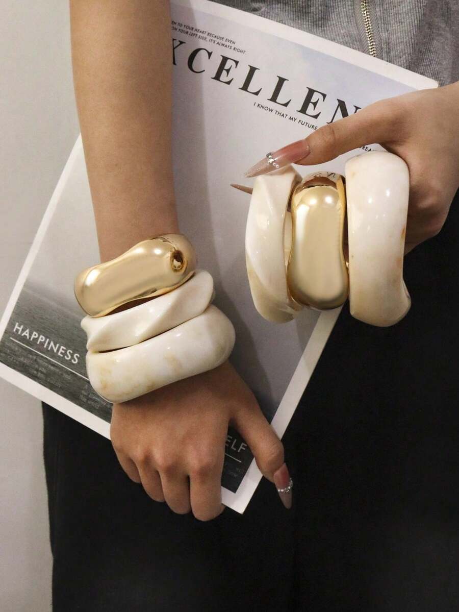 3pcs Acrylic Bracelet Set, Elegant Minimalist Dyed Bangle Combination - Baked Milk Color - View 1