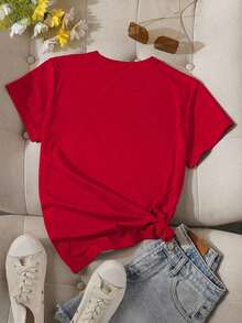 1 Piece Fashionable Casual Graphic T-Shirt For Men And Women With Heart And Lettering Motif For Women. Versatile, Easy To Match, Suitable For Daily Wear, Street Style, Vacation Wear, Weekend Wear. - Red - View 2