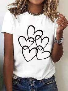 Women's Short-Sleeved T-Shirt With A Sweet And Fresh Heart Print, Comfortable And Breathable, Casual Round Neck, Perfect For Spring And Summer, Ideal For Dates, Holidays And Daily Wear, An Essential Fashion Item, Women's T-Shirt In Various Sizes, %. - 白色 - 查看 1