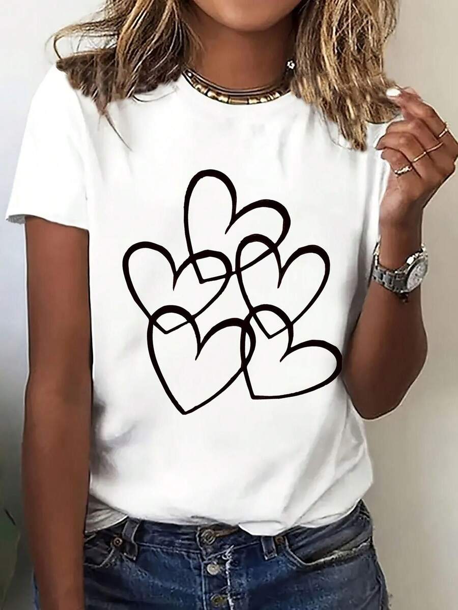 Women's Short-Sleeved T-Shirt With A Sweet And Fresh Heart Print, Comfortable And Breathable, Casual Round Neck, Perfect For Spring And Summer, Ideal For Dates, Holidays And Daily Wear, An Essential Fashion Item, Women's T-Shirt In Various Sizes, %. - 白色 - 查看 1