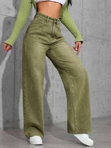 Jeans de mezclilla de unicolor minimalista para uso diario de mujer - Verde - Ver 5