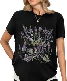 1 Piece Casual Fashion For Men And Women Vintage Boho Floral Flower Print T-Shirt Graphic Short Sleeve T-Shirt Versatile, Easy To Match, Suitable For Daily Wear, Street Style, Holiday Outfits, Weekend Outfits. - 黑3號薰衣草 - 查看 5