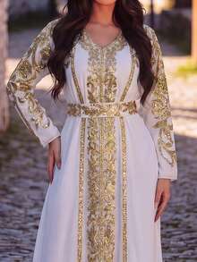 Faeriesty Đầm maxi xòe cổ chữ V thanh lịch và quyến rũ dành cho nữ, với chi tiết đính sequin tương phản và thắt lưng, phù hợp cho đám cưới, dạ hội, lễ trao giải và các dịp tiệc tùng khác. Màu trắng. - trắng - Xem 4