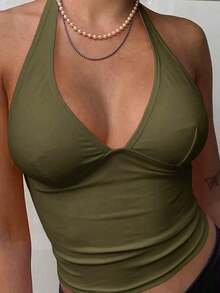 Top de tanque de vacaciones sin espalda de unicolor con cuello en V para mujeres, se puede usar como un collar colgante - Verde militar - Ver 4