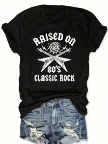 Y2k Women's Summer Tops, 80's Vintage Guitar Rose Print T-Shirt, Crew Neck, Short Sleeve, Casual Cotton Top, Great For Music Festivals, Rock Concerts, Leisure Outfits, Cotton T-Shirt, Camiseta Mujer Manga Corta. - Black - View 7
