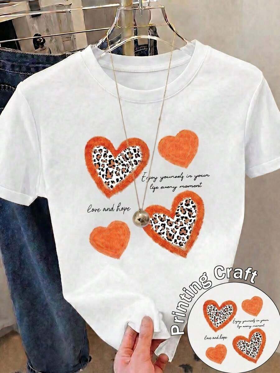 Camiseta Casual de Manga Corta con Cuello Redondo para Mujer, con Estampado Gráfico de Corazones de Guepardo para un Look Adorable WF9K - transparente - Ver 1