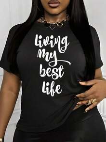 Inspirational Living My Best Life Casual Clothing 1 Piece Women's Plus Size T-Shirt, Funny Graphic Print Short Sleeve Novelty 100% Polyester Crew Neck Casual Tee, Bohemian Blouses For Women>Shirt - 黑色 - 查看 7