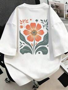 Women's Plus Size Floral Print Short-Sleeved T-Shirt With Round Neck. Suitable For Summer Vacation, Beach, Holidays, Spring, Valentine's Day, Carnival Costumes. Color: White - 白色的 - 查看 7