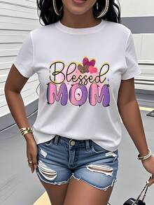 Women's Pure Cotton T-Shirt, Casual Loose Style, With "Blessed MOM" Heart Print, Short Sleeve And Round Neck Women's Clothing, Exclusive Blessing For Mother's Day, Sweet And Romantic Style, Casual And Versatile Design, Gift For The Holidays, Parent-Child Set, Best Friend Set, Essential For Outings, Comfortable And Breathable Fabric, Highlights Maternal Love, Simple And Elegant Design. - 白色 - 查看 1