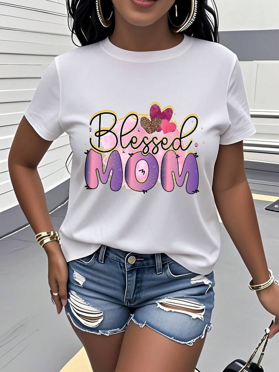 Women's Pure Cotton T-Shirt, Casual Loose Style, With "Blessed MOM" Heart Print, Short Sleeve And Round Neck Women's Clothing, Exclusive Blessing For Mother's Day, Sweet And Romantic Style, Casual And Versatile Design, Gift For The Holidays, Parent-Child Set, Best Friend Set, Essential For Outings, Comfortable And Breathable Fabric, Highlights Maternal Love, Simple And Elegant Design. - 白色 - 查看 1