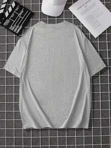 Camiseta de hombros caídos con estampado de la Mona Lisa, camiseta gráfica para mujer - Gris - Ver 2