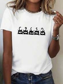 Casual Graphic Print T-Shirts, 100% Pure Cotton, T-Shirt With Five Cartoon Cat Silhouettes, Short Sleeve Crew Neck T-Shirt For Women, Spring And Summer, Breathable Casual T-Shirt, Holiday Gift, Women's Pure Cotton Printed T-Shirt, Cute, Long Sleeve - 白色 - 查看 6