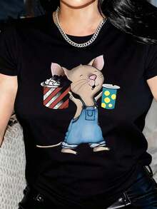 ropa de mujer Camiseta casual de cuello redondo para mujer con estampado de un lindo ratón de dibujos animados, manga corta, tela ligeramente elástica, para usar en todas las estaciones, camiseta gráfica divertida para el uso diario, ajuste cómodo, camisas de mujer - Negro - Ver 6