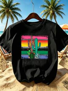 Camiseta de mujer con diseño de rayas de serape y cactus del desierto mexicano, camiseta negra de manga corta para mujer, con estampado de plantas suculentas y leopardo, estilo urb - Negro - Ver 3