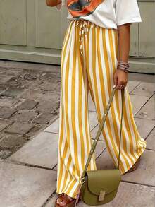 Pantalones sueltos y casuales a rayas para mujer, pantalones ligeros y cómodos de estilo bohemio elegante para primavera, verano y otoño, vacaciones en color rosa - Amarillo - Ver 7
