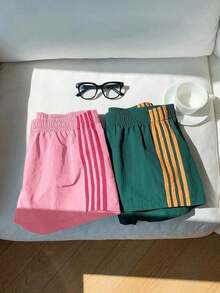2 piezas Shorts casuales de estilo callejero para mujer con contraste de color en la cinta, shorts de lunares, verano - Multicolor 15 - Ver 8
