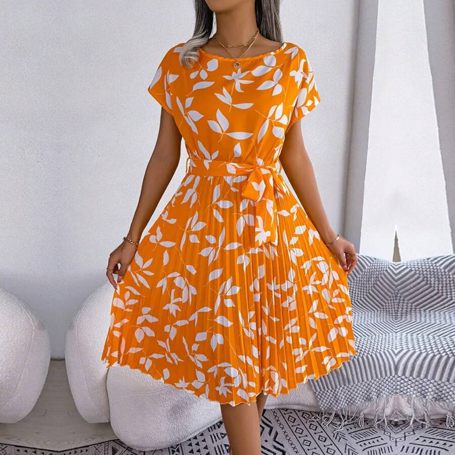 Vestido largo plisado de manga corta para mujer, de cintura alta vestido elegante, moda Floral, línea A, primavera y verano - Amarillo - Ver 1