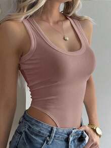 Mono de lunares acanalado sexy estilo Y2K, top ajustado sin mangas de cuello en U, mono acanalado de lunares estilo retro americano - Rosa vieja - Ver 5