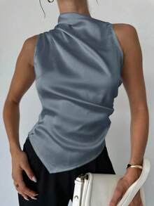 Camisa beige sin mangas con cuello con volantes y bajo curvo, una prenda esencial para la oficina y el tránsito diario para mujeres - Gris - Ver 5