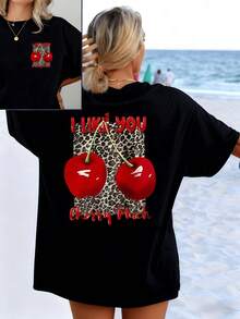 Two Bright Red Cherries On An Animal Print Background Symbolize Passion, Energy, And Sweetness Combined With A Cheerful Message That Conveys Love And Confidence. Women's Double-Sided Casual Modern T-Shirt - 黑色 - 查看 8