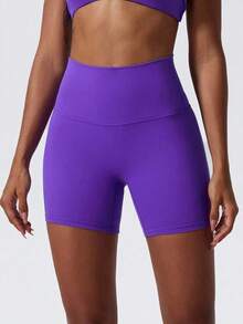 1 pieza Pantalones cortos de yoga elásticos de color nude, adecuados para correr, fitness, ciclismo y otros deportes, pantalones cortos ajustados transpirables y de secado rápido para mujeres en color negro - Morado - Ver 6