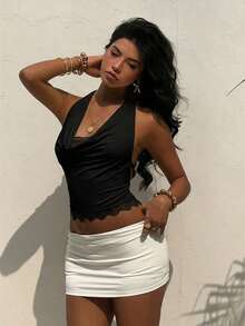 Nuevo Camisol de Mujer con Cuello Halter, Espalda Descubierta y Tirantes con Lazo, Diseño de Encaje y Parches, Adecuado para Vacaciones y Playa - Negro - Ver 8