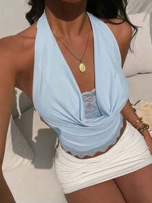 Nuevo Camisol de Mujer con Cuello Halter, Espalda Descubierta y Tirantes con Lazo, Diseño de Encaje y Parches, Adecuado para Vacaciones y Playa - Celeste - Ver 4