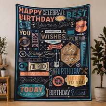 1PC Birthday King Tool Wish Flannel Throw Blanket 50"X60" - Printed With Navy Blue Background, "HAPPY BIRTHDAY" "BIRTHDAY WISHES" "King FOR THE Day" "Birthday Vibes", "You're A Star" "You ROCK!" Quotes, Hand-Drawn Wrench, Hammer, Screwdriver, Guitar, Beer Mug, Tapestry Wall Hanging, Birthday Gift, Room Decor For Bedroom Or Living Room -280gsm - 多色 1 - 查看 4