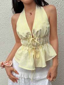 Top de tirantes sexy con cuello halter, espalda descubierta y cordón a rayas para mujeres - Amarillo - Ver 4