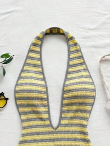 Body sexy de punto blanco con textura y patrón ondulado, escote en V profundo y espalda descubierta para mujer, elegante y ajustado, adecuado para fiestas, citas, té de la tarde, vacaciones boho, playa, atuendo de verano. - Amarillo - Ver 4