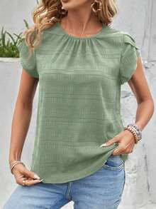 Blusa con manga de pétalos y parte trasera con cerradura y un solo color - Verde - Ver 5