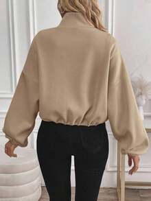 Women's Zip-Up Drawstring Long Sleeve Casual Hooded Sweatshirt Jacket,Airport Women Outfits,Three Quarter Sleeve Tops In Fall/Winter - 卡其色 - 查看 2