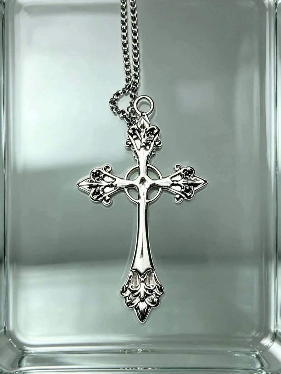 Gothic Retro Necklace, Minimalist Personalized Cross Pendant Necklace - Antique Silver - View 1