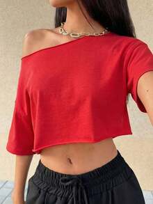 Top corto asimétrico de mujer con cuello blanco y flecos, camiseta de manga corta de moda versátil Y2K oversize y sexy, para primavera/verano - Rojo 2 - Ver 1