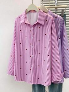 Blusa de mujer con cuello polo, estampado de corazones y rayas - Camisa casual de manga larga con botones, adecuada para uso diario en primavera, verano y otoño - Rayas rosas - Ver 3
