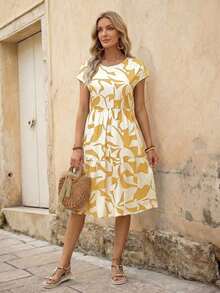 Vestido casual corto de manga corta con cuello redondo y estampado geométrico para mujer, primavera/verano - Amarillo - Ver 3