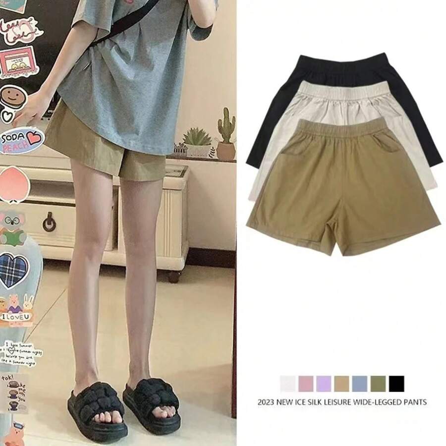 Pantalones cortos informales suaves de verano para mujer, pantalones holgados de pierna ancha, pantalones Cargo elásticos de algodón rosa, pantalones holgados de playa de cintura alta para mujer - Caqui - Ver 1