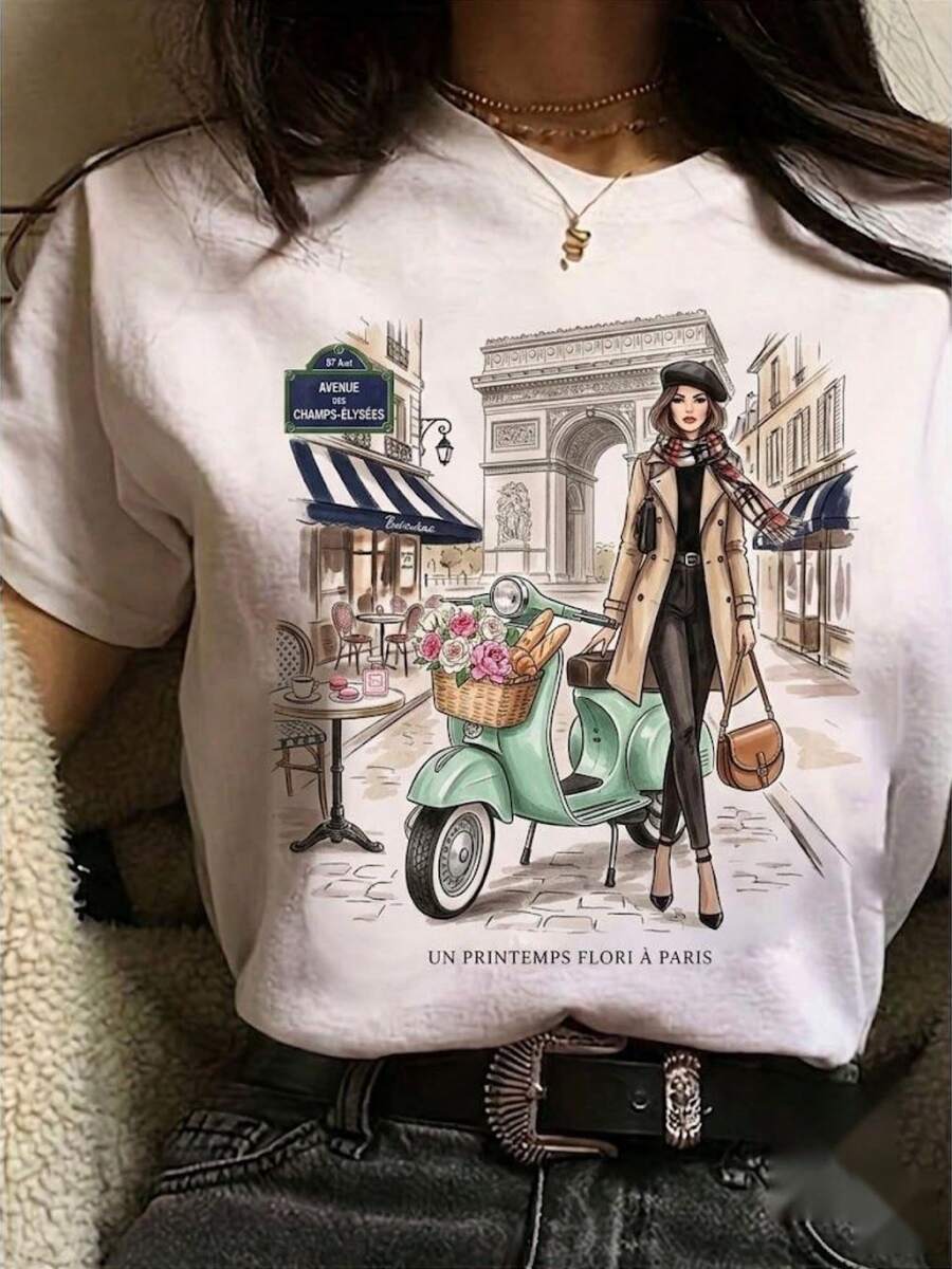 Soft One-Piece T-Shirt For Women With A Print Of The Arc De Triomphe In Paris And A Skateboard - Loose Fit, Round Neck, Short Sleeve, With French Monument Prints, French Style Casual Wear, Suitable For Daily Wear, Parties, Travel, Machine Washable, Shirt Style, Elegant Blouses For Women. - 白色 - 查看 1