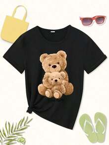 Nueva Camiseta Casual de Verano para Mujer con Estampado de Adorable Oso de Peluche y Gráfico "Stay Awesome" - Tejido Suave y Transpirable, Corte Holgado, Cuello Redondo para Atuendo Casual, Lavable a Máquina, Idea de Regalo Perfecta, Camisetas Lindas, Ropa Cómoda, Diseño Divertido, Material de Elasticidad Media - Camiseta Unisex de Algodón de Manga Corta y Cuello Redondo Estilo Vintage Urbano-Vintage Street Style Unisexoose Cotton Short Sleeve Crew Neck T-Shirt - Negro - Ver 3