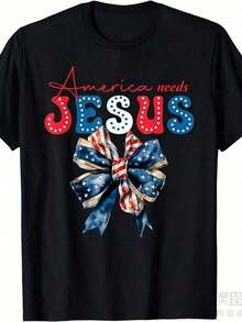 1 Piece Christian Patriotic Graphic T-Shirt - 4th Of July And Memorial Day Clothing With Flag Bow Design, Red And Blue Lettering, Crew Neck, Casual Fit All Seasons T-Shirt, Faith-Based National Pride Gift, Summer Tops For Women - 1 件(T卹) - 查看 1
