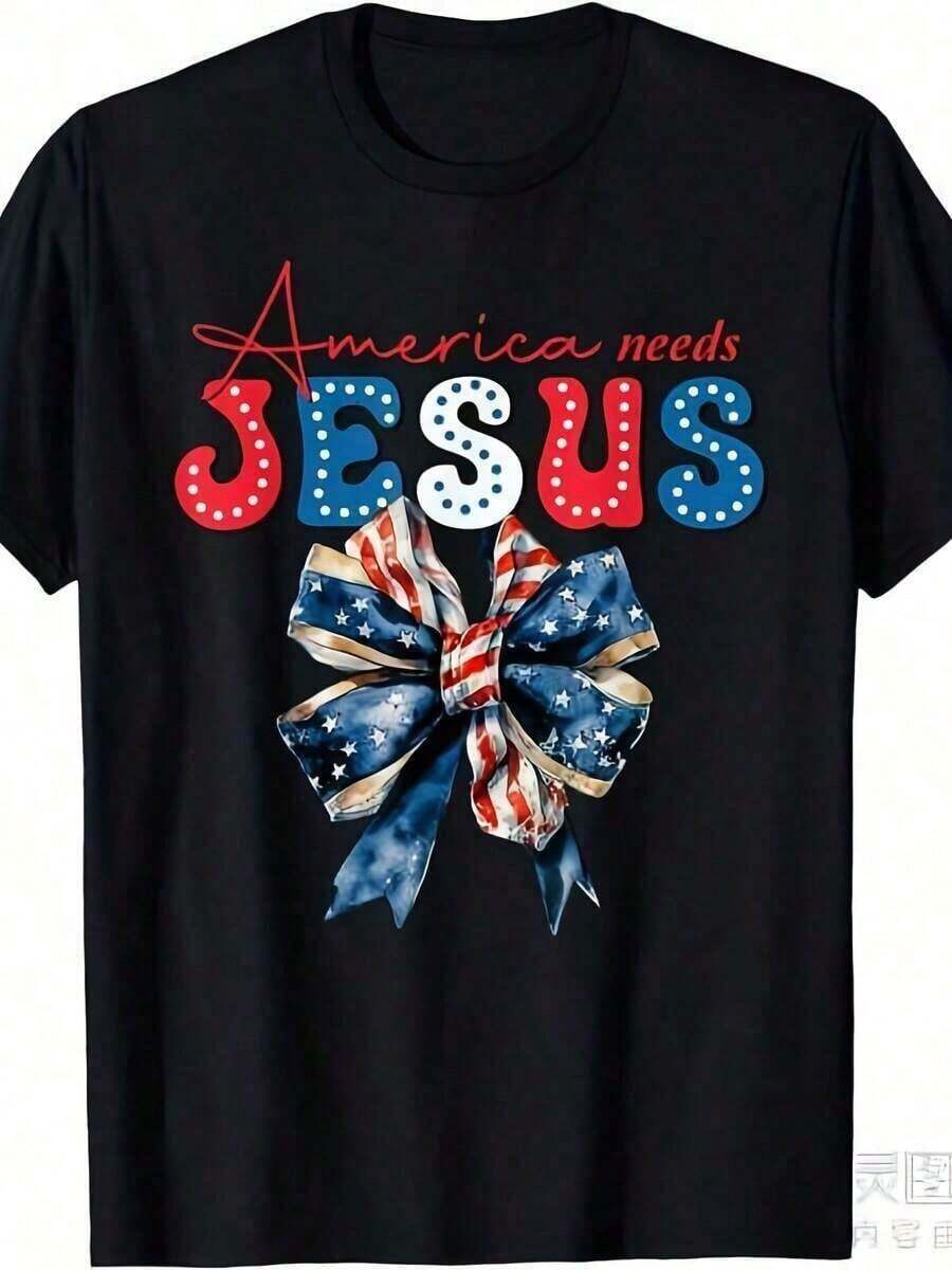 1 Piece Christian Patriotic Graphic T-Shirt - 4th Of July And Memorial Day Clothing With Flag Bow Design, Red And Blue Lettering, Crew Neck, Casual Fit All Seasons T-Shirt, Faith-Based National Pride Gift, Summer Tops For Women - 1 件(T卹) - 查看 1