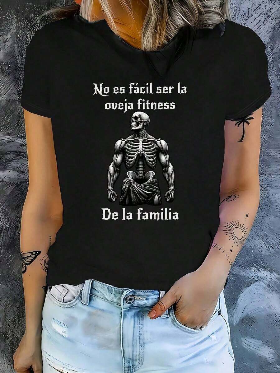 100% Cotton Skeleton Graphic Tee From The Fitness Series, Casual Round Neck, Short Sleeve, Regular Fit, Breathable Summer Tee With Print. Not Easily Being The Fitness Sheep Of The Family, Stretchy Fabric For Women. - 黑色 - 查看 1