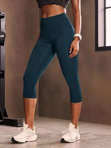 Mallas deportivas de cintura ancha con bolsillo para teléfono, pantalones de yoga para mujer - Agua verde azul - Ver 3