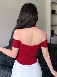 1 pieza Camiseta de manga corta ajustada con cuello anudado y hombros descubiertos para salidas de verano, Crop Tops para mujeres - Rojo - Ver 2
